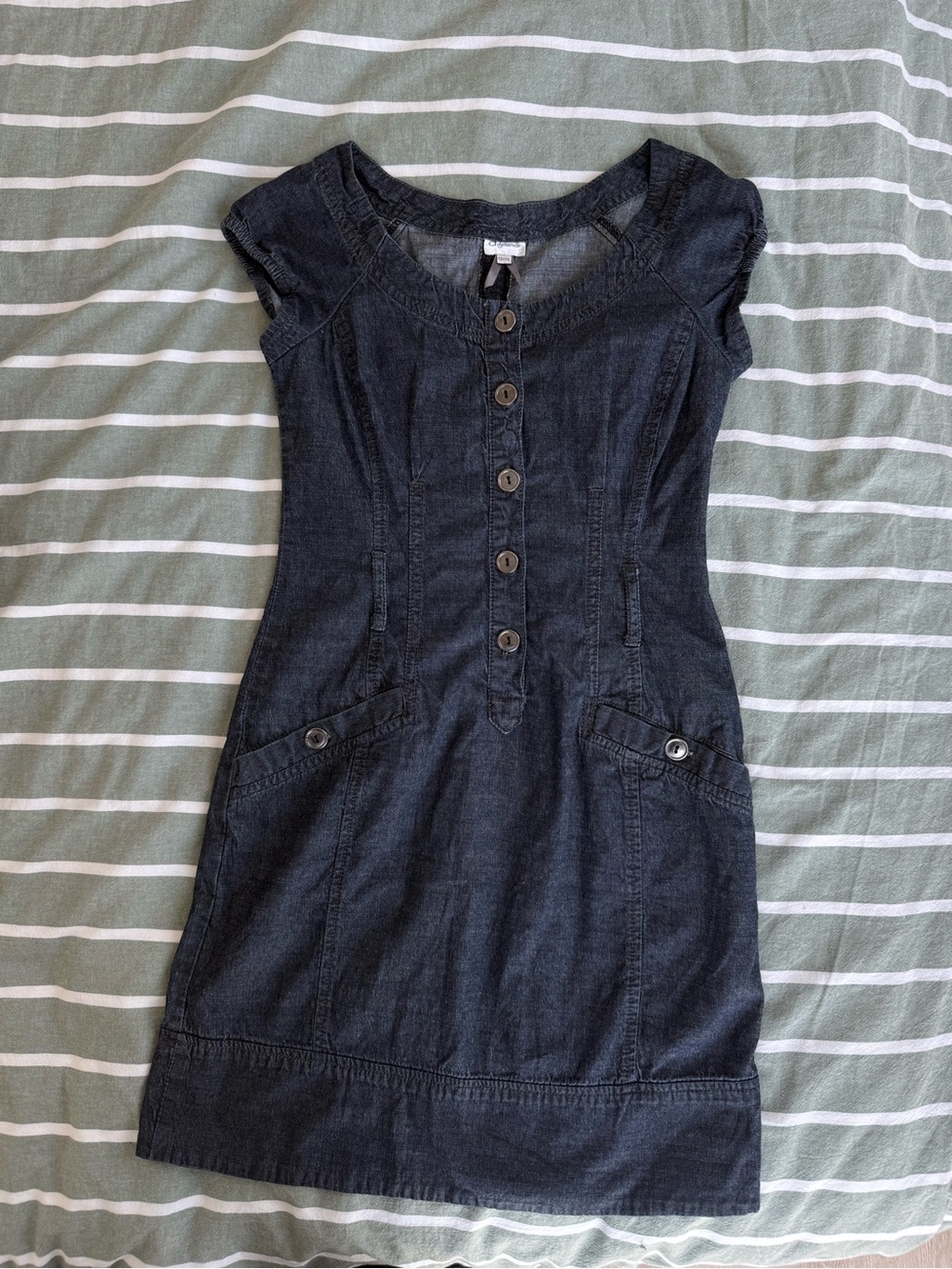 Dark Denim Button-Front Cap Sleeve Dress